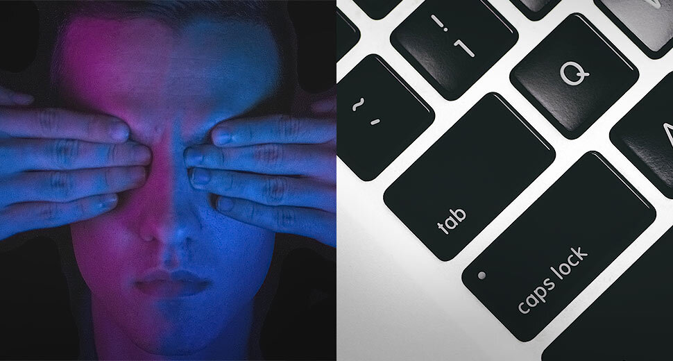 Foto de uma pessoa com os olhos tapados com as mãos, e ao lado a imagem da parte de um teclado de computador.